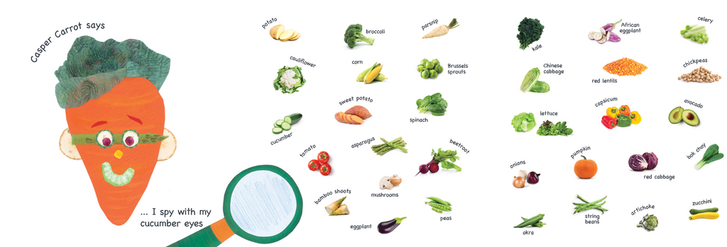 I Spy Food book. Peer through the magnifying glass with your child to identify the five food groups as they grow, ripen, graze, forage and are harvested with our food friends Penny Pear, Casper Carrot, Annie Apple, Eric Egg, Chester Cheese and Betty Bread. 