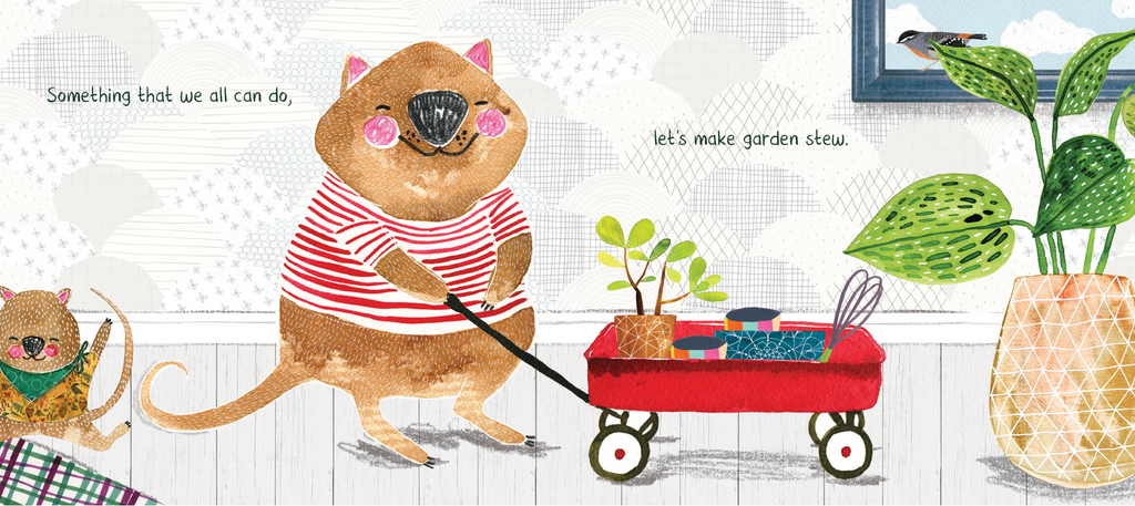 Garden Stew. Join Quokkas, Tattie and Tiny Spud, as they head outside for lots of fun. A pot, some sticks and petals too, it’s time to make garden stew! Reminiscent of making mud pies in the backyard.