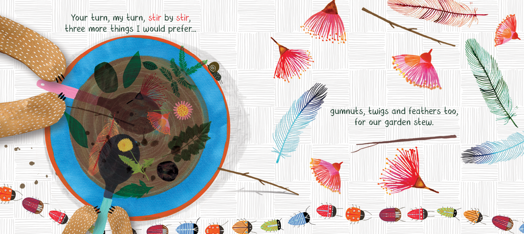 Garden Stew. Join Quokkas, Tattie and Tiny Spud, as they head outside for lots of fun. A pot, some sticks and petals too, it’s time to make garden stew! Reminiscent of making mud pies in the backyard.