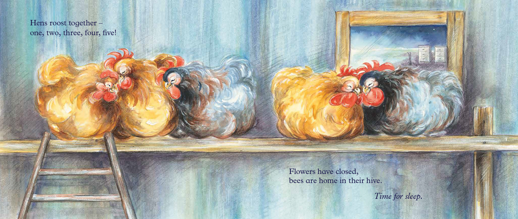 Hush Say the Stars book. All is quiet, all is still as the first stars appear in the evening sky. As night closes in, the farm settles down with all the animals, big and small, knowing that now is the time to snuggle into their warm cosy beds.