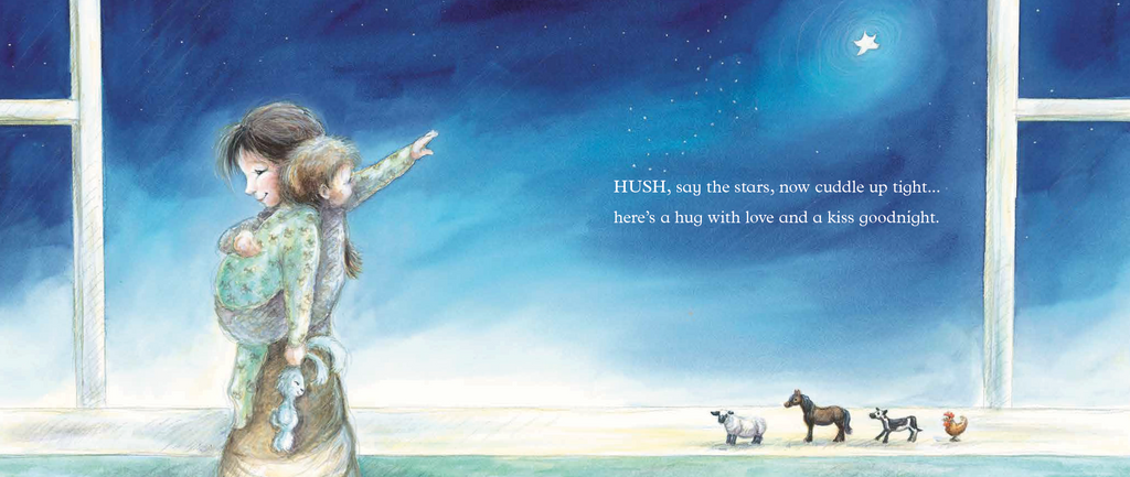 Hush Say the Stars book. All is quiet, all is still as the first stars appear in the evening sky. As night closes in, the farm settles down with all the animals, big and small, knowing that now is the time to snuggle into their warm cosy beds.