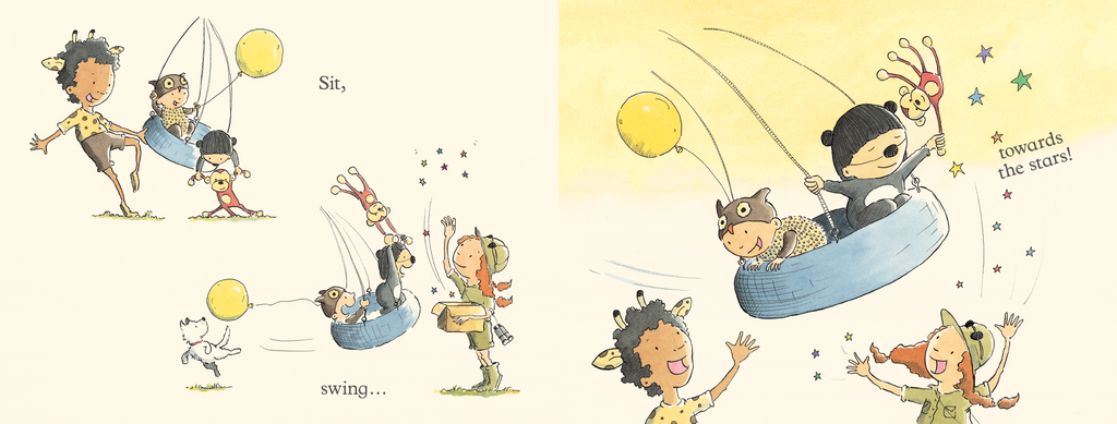 Jump and Shout picture book spread. Join this energetic family as they have fun outside! This limited-text picture book is a celebration of movement, laughter and imaginative play. It features a family enjoying the great outdoors as they walk, run, jump and shout their way to the local park.