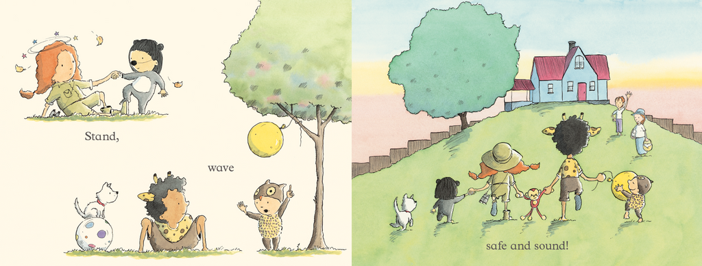 Jump and Shout picture book spread. Join this energetic family as they have fun outside! This limited-text picture book is a celebration of movement, laughter and imaginative play. It features a family enjoying the great outdoors as they walk, run, jump and shout their way to the local park.