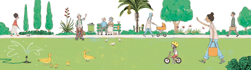 Let's Go Strolling book spread. A delightful story with simple rhythm which centres on a family spending the day together out and about.