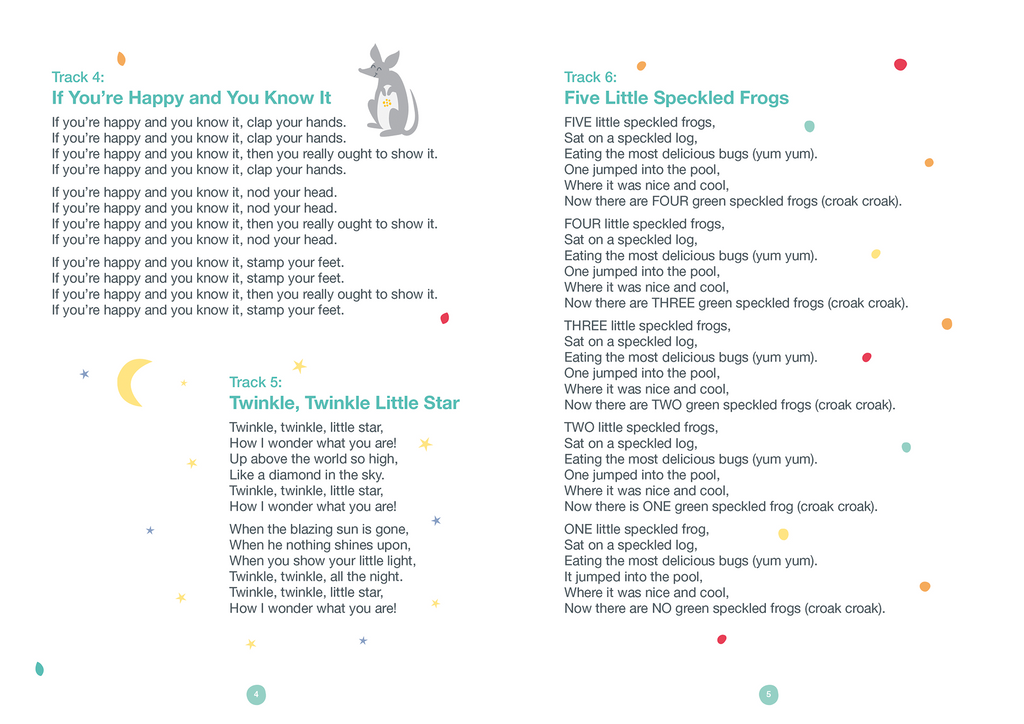All the old favourite nursery rhymes have been recomposed with vocals by  Emily Smart and Tim Lucas and mastered  by John De Michele.  The picture booklet provides the words to the songs with actions and sweet illustrations.  The CD includes 14 songs and 14 instrumentals.