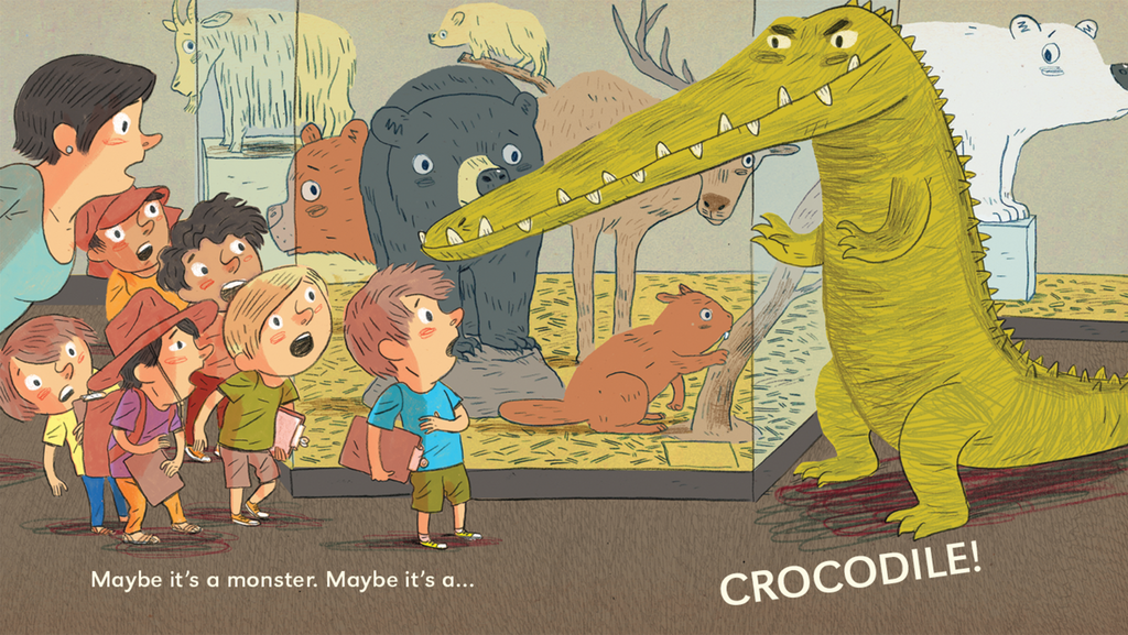 Shoo You Crocodile book spread. A fun, raucous romp for imaginative young readers and small, brave adventurers.