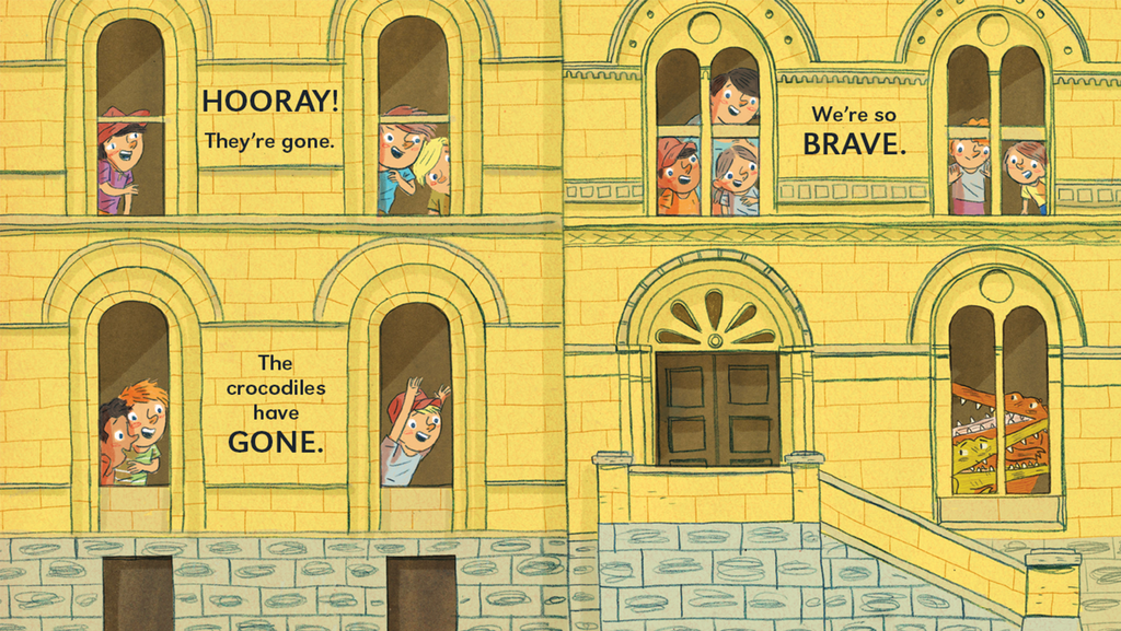 Shoo You Crocodile book spread. A fun, raucous romp for imaginative young readers and small, brave adventurers.