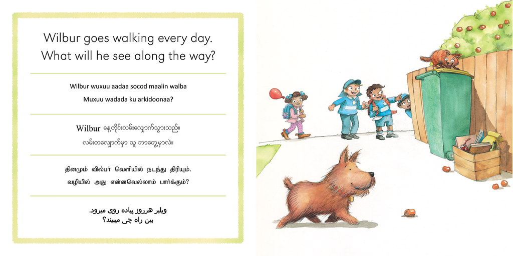 Wilbur - Multilingual book spread, Wilbur goes walking... (English, Somali, Burmese, Tamil & Persian)