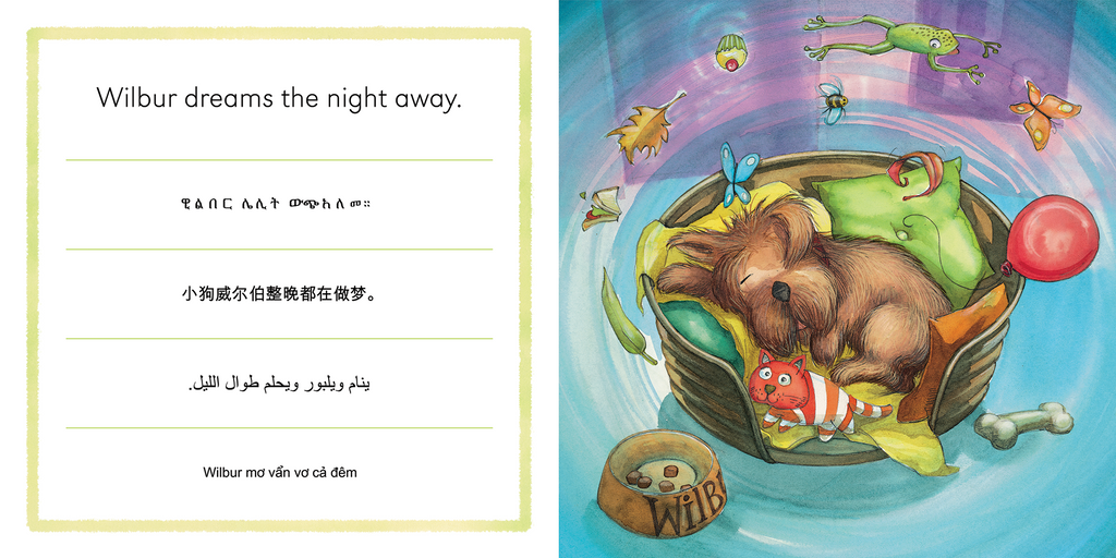 Wilbur book spread - Multilingual, English, Amharic, Chinese, Arabic & Vietnamese